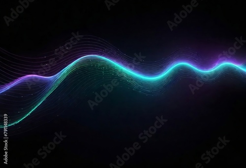  Artificial intelligence wave lines neural network purple blue and green light isolated on black background. Vector in concept of technology, machine learning, created with generative ai 