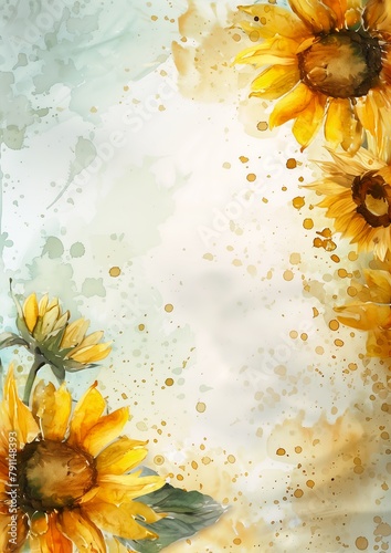 two sunflowers painted background transparent loosely cropped large vertical blank spaces hanging scroll scattered golden flakes half body cropping dead flowers
