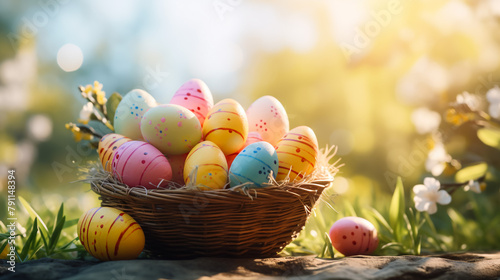 Easter eggs in a basket in green grass. Spring season traditional egg hunt colorful decorated eggs in a wicker basket.