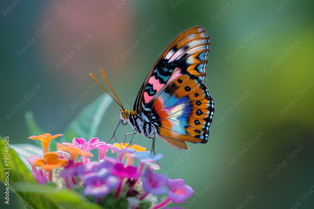Obraz premium a beautiful colorful butterfly sits on a beautiful colorful flower, generative AI