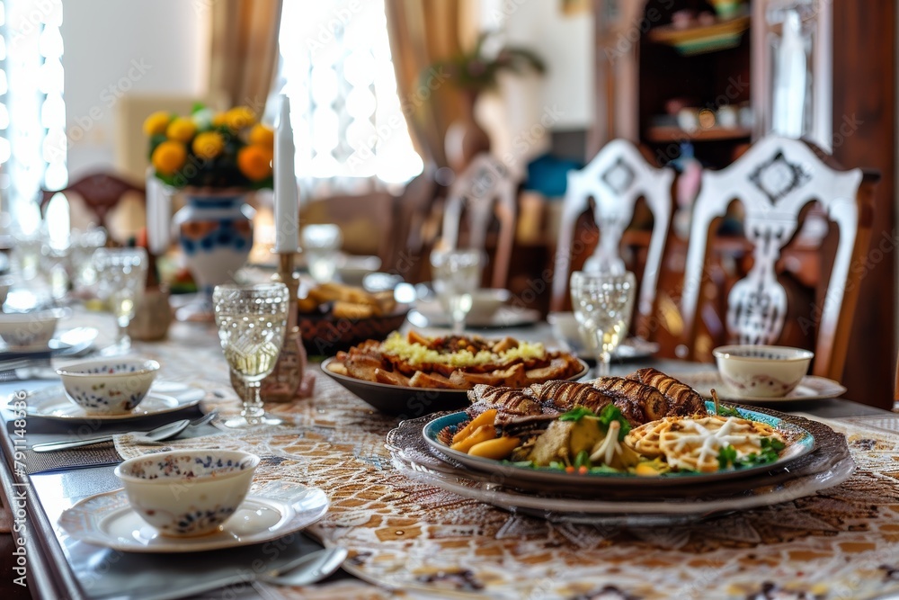 elegant dining room table set with plates of delicious food and glasses of wine, creating a beautiful display of interior design with a touch of class