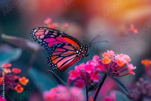 a beautiful colorful butterfly sits on a beautiful colorful flower, generative AI