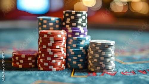 Symbolism of Stacked Poker Chips on a Gaming Table: A Representation of Luck and Chance. Concept Game of chance, Gambling, Fortune, Casino, Lucky charm photo