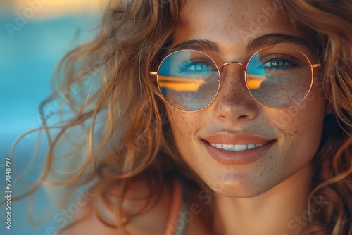 Close-up of a happy woman with sunglasses reflecting a sunset sky, highlighting her eyes and freckles