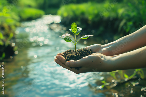 small plant held in hands by the river, nature, generative AI