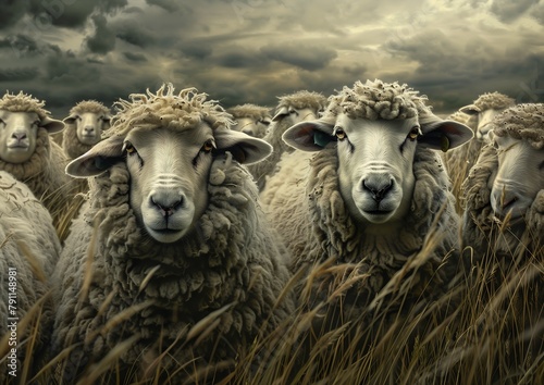 sheep standing field tall grass achluophobia progressive rock album cover criminals stormy background journalistic alert