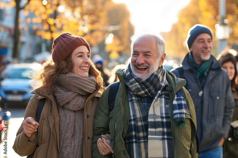 Happy senior couple walking in autumn park. Smiling man and woman looking at camera and laughing. Happy senior couple walking in autumn park. Smiling man and woman looking at camera and laughing.