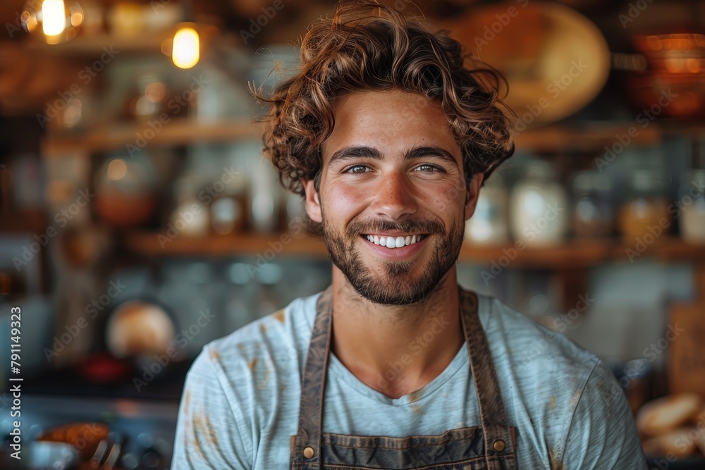 A happy male chef in an apron poses with a bright smile in a homey kitchen setting, conveying passion A happy male chef in an apron poses with a bright smile in a homey kitchen setting, conveying passion