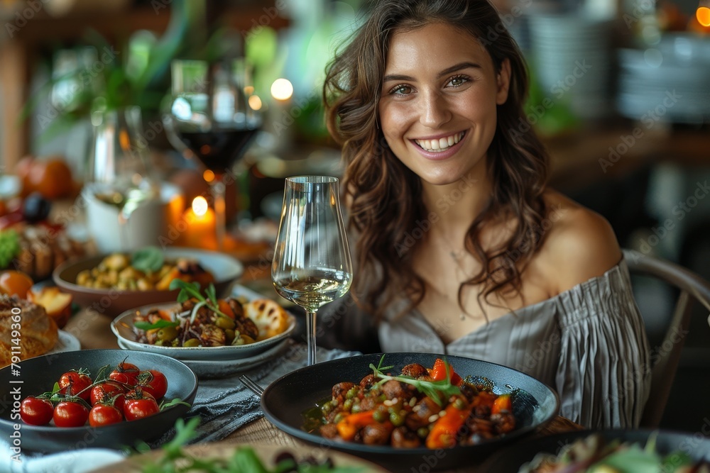 Radiant woman with an inviting smile enjoying a delectable dinner in a vibrant restaurant setting Radiant woman with an inviting smile enjoying a delectable dinner in a vibrant restaurant setting