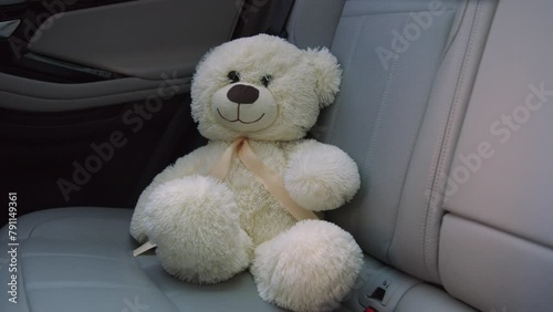 teddy bear in a car seat