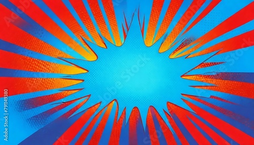 Pop art background. Halftone comic pattern. Cartoon starburst texture. Sunburst banner with speech bubble. Vintage duotone print. Blue superhero backdrop created with generative ai 