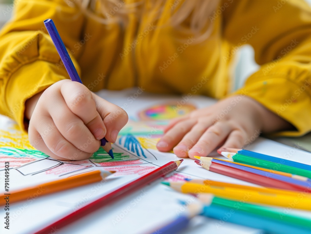 A child is drawing a picture of flowers with a pencil A child is drawing a picture of flowers with a pencil