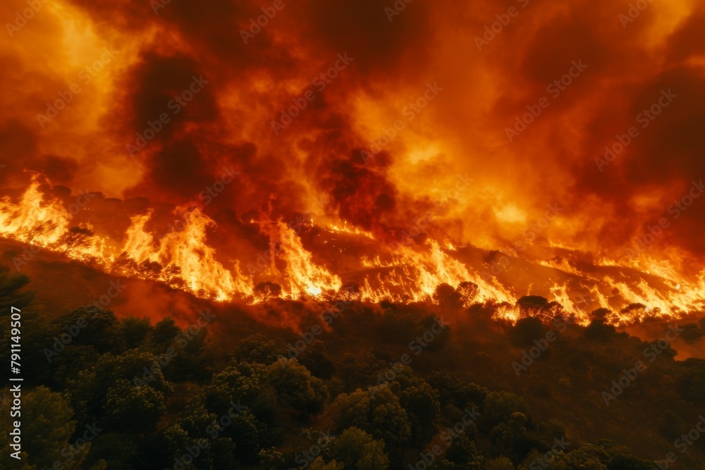 Wildforest fire burning forest trees eecological disaster smoke aerial view from helicopter danger death animals damage hazard blaze pollution tragedy