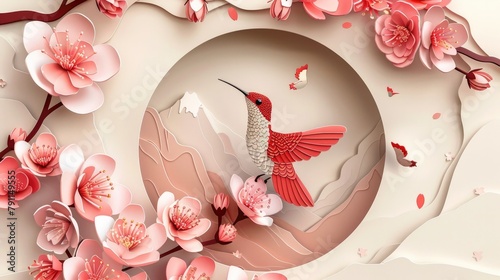 Papercut Masterpiece Hummingbird and Cherry Blossoms in a Circular Frame photo