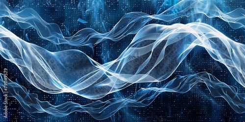 closeup wave blue smoke background vector technical documents quantum leap interconnections digital diatoms flowing forms hypersphere graphics photo