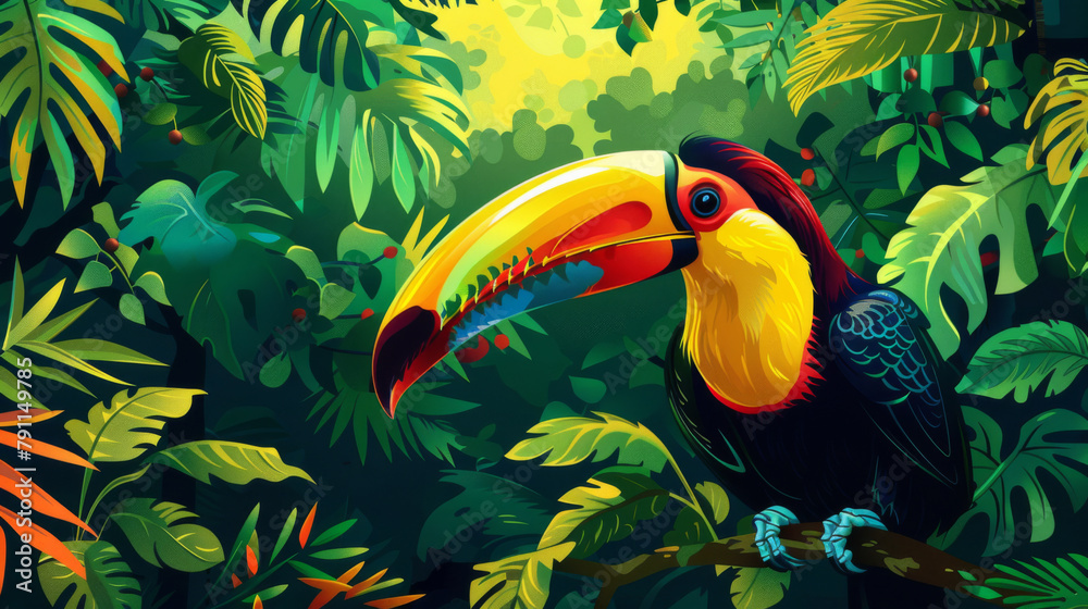 Obraz premium A vibrant, stylized illustration of a toucan in a dense, tropical jungle setting, bursting with life and color.