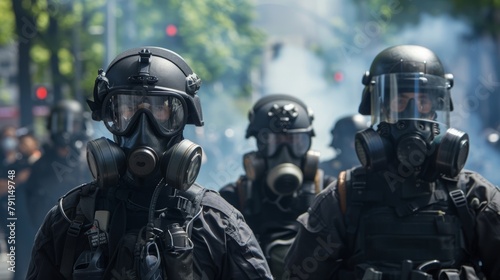 A group of officers equipped with gas masks and holding canisters of tear gas forming a perimeter around a protest area to push back and disperse any agitators. .