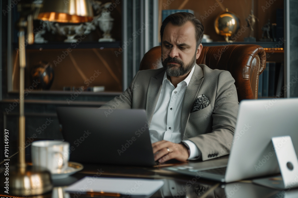 businessman, working, sitting in a leather chair, in a luxurious office. businessman, working, sitting in a leather chair, in a luxurious office.