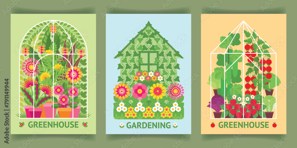 A set of abstract posters for gardening and greenhouses. Concept of green house, greenhouse, warm house. Blooming flowers, growing vegetables. Agriculture, farming, greenery. Background, card, print