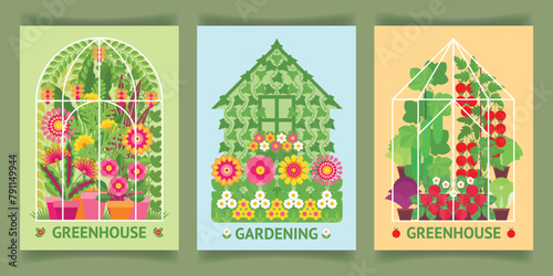 A set of abstract posters for gardening and greenhouses. Concept of green house, greenhouse, warm house. Blooming flowers, growing vegetables. Agriculture, farming, greenery. Background, card, print