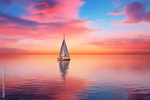 Lone sailboat on a calm ocean at sunset, with vibrant hues of orange and pink in the sky, symbolizing peace and solitude
