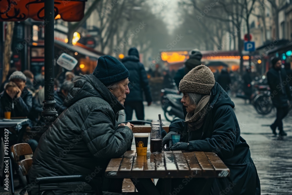 Two senior people drinking beer in a street cafe in Vienna. Two senior people drinking beer in a street cafe in Vienna.