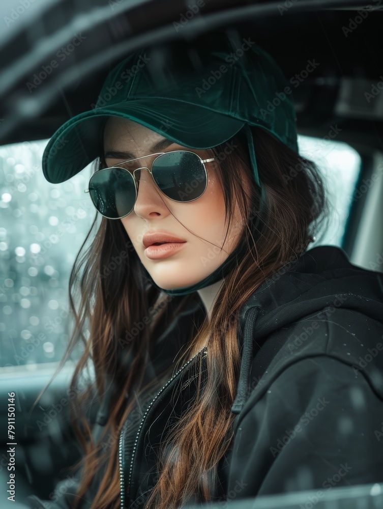 Woman Sitting in Car With Sunglasses and Hat