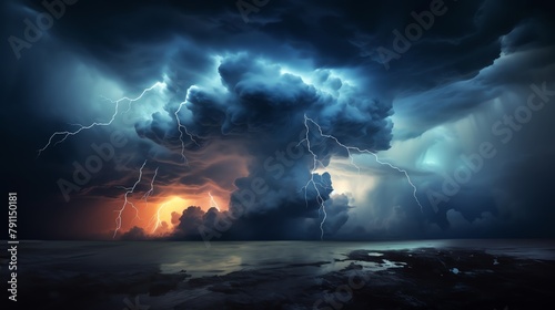 Dramatic thunderstorm clouds gathering in the sky, with visible lightning strikes and dark, ominous colors, capturing the power of nature