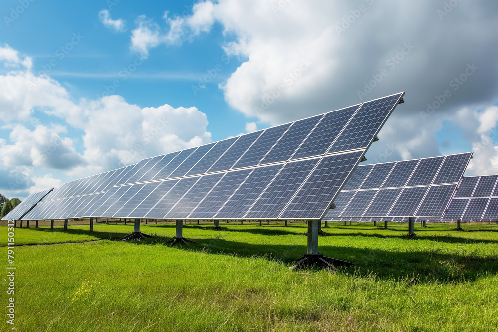 photovoltaic solar panels producing ecological green renewable energy on green grass on green field, generative AI photovoltaic solar panels producing ecological green renewable energy on green grass on green field, generative AI