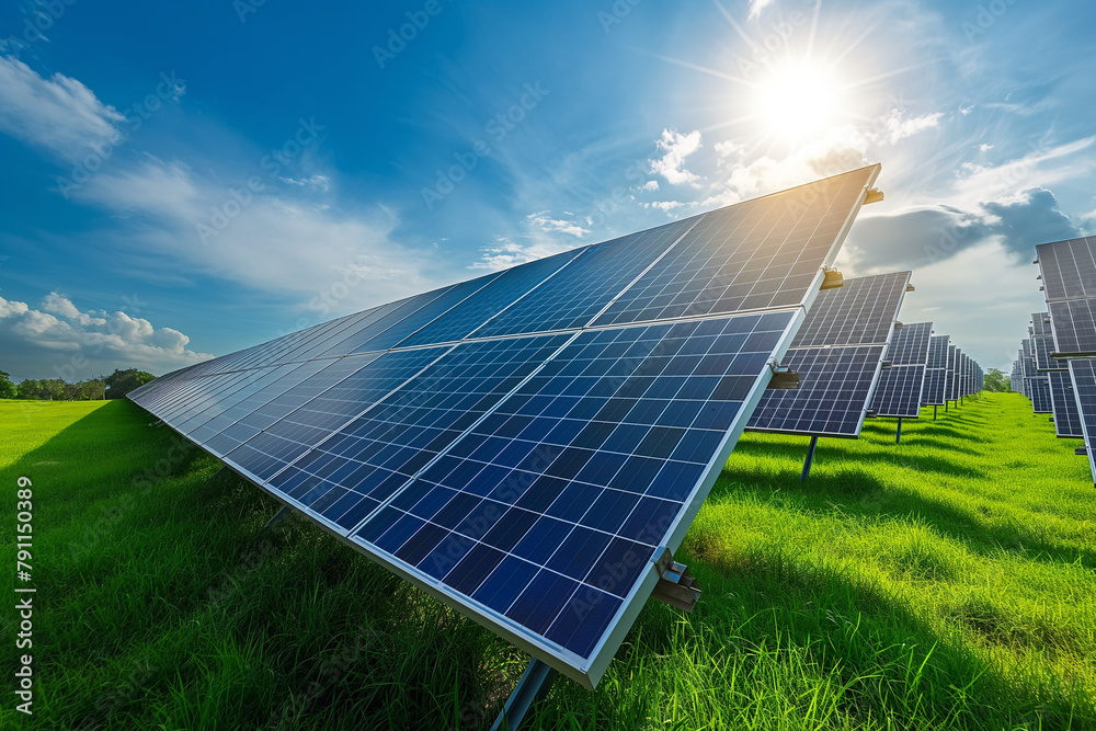 photovoltaic solar panels producing ecological green renewable energy on green grass on green field, generative AI