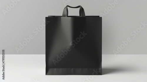 Blank mockup of a matte black paper shopping bag with a glossy finish. .