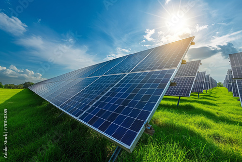 Obraz na płótnie photovoltaic solar panels producing ecological green renewable energy on green grass on green field, generative AI w salonie