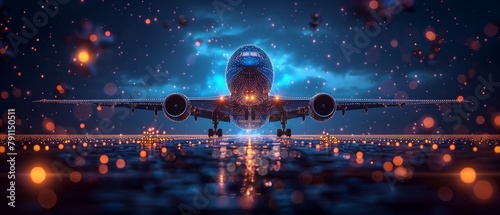 a plane taking off in a Abstract blue technology background with a cyber network grid and connected particles-1