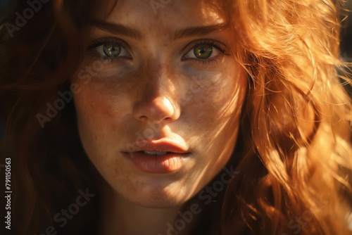 Closeup portrait of a woman with striking features, her face illuminated by golden hour sunlight, highlighting natural beauty and elegance