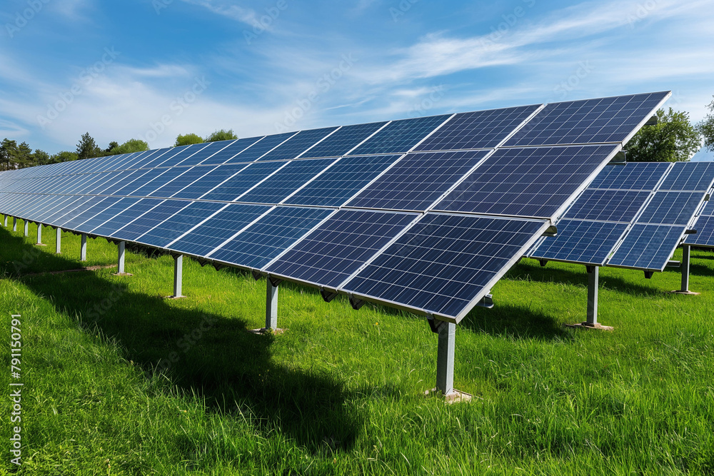 photovoltaic solar panels producing ecological green renewable energy on green grass on green field, generative AI photovoltaic solar panels producing ecological green renewable energy on green grass on green field, generative AI