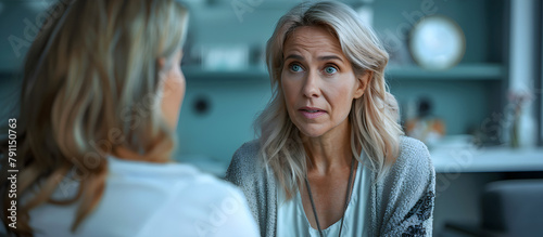 A stressed menopausal woman seeks diagnosis and treatment from a doctor or psychiatrist in a medical clinic for obstetric, gynecological, or mental health issues. photo