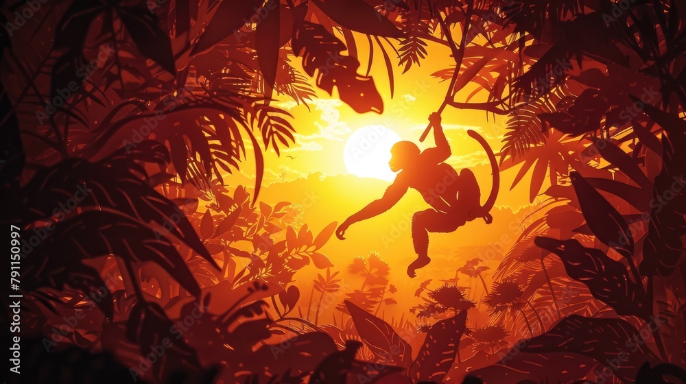 Playful Monkeys Energetic Swing Through a Vibrant Jungle Canopy at Sunrise