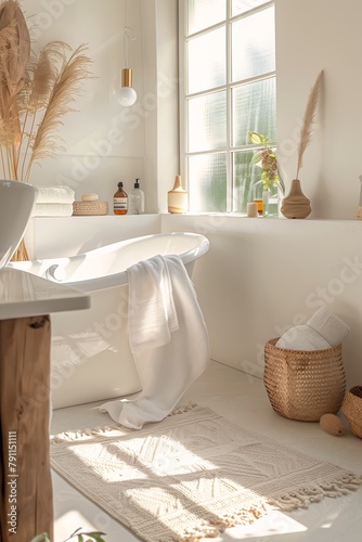 bathtub bathroom white rug sunny environment wicker paler millions glass walled horizon photo