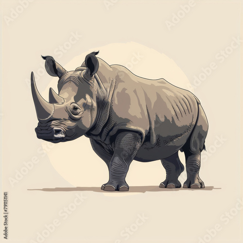 Artistic rendering of a rhinoceros standing  created with monochrome shades  depicting the animal s majestic form.