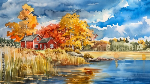 red house lake boat deep shaded autumn wind rick complex vibrant sky tall next river photo