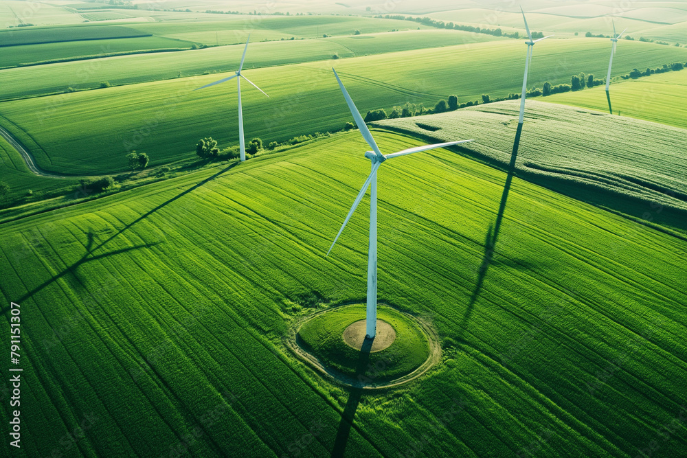 windmills on a wind farm in green ecological meadows and farmlands, generative AI