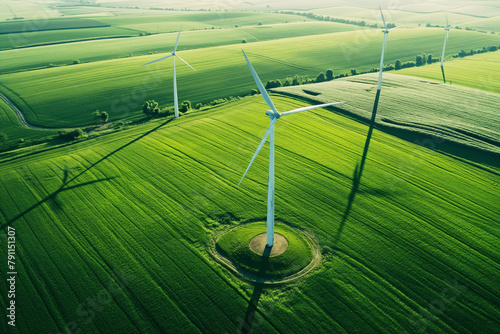 Obraz na płótnie windmills on a wind farm in green ecological meadows and farmlands, generative AI w salonie