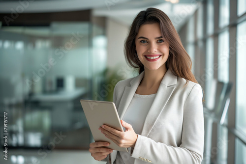 A poised businesswoman holding a tablet with a confident, friendly smile, standing in a bright, modern office space.