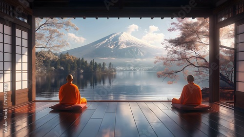 Meditation of Zen / Buddhist Monks, surrounded by a traditional japanese landscape, atmospheric and moody landscape, pensive stillness within a mystic landscape.