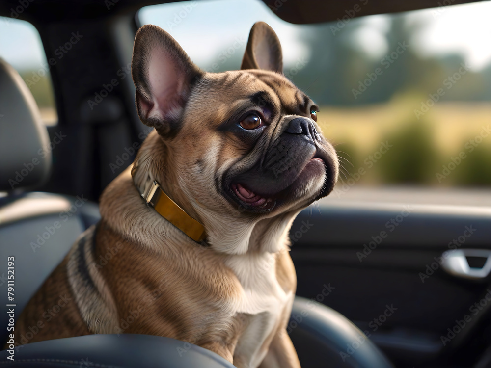 Close-up of a beige French bulldog sitting in a convertible