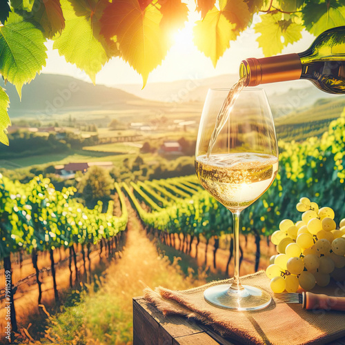 Liquid Sunshine: Savoring White Wine in a Lush Vineyard. generative AI