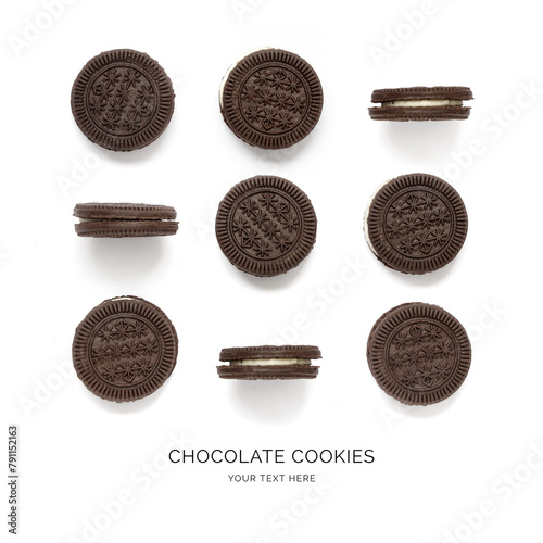 Creative layout made of chocolate cookies on the white background. Food concept. Macro concept. (ID: 791152163)