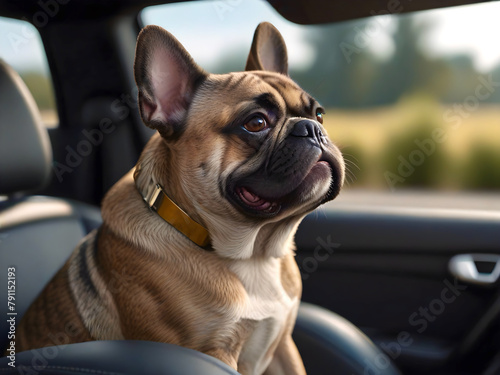 Close-up of a beige French bulldog sitting in a convertible
