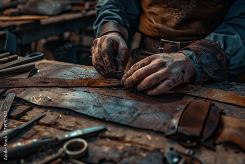 A man is meticulously crafting a piece of leather on a hardwood table, using metal tools and artistic gestures to create a work of art from the flesh of an animal © Odesza