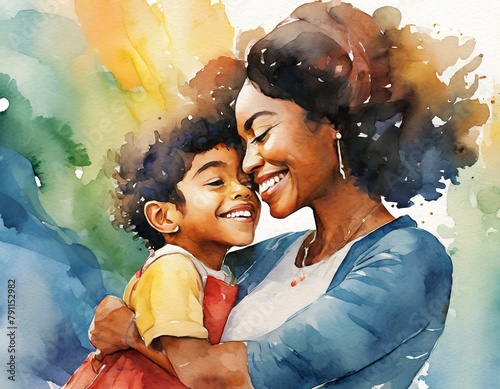 ilustración  estilo acuarela de madre e hijo felices y sonriendo.  photo